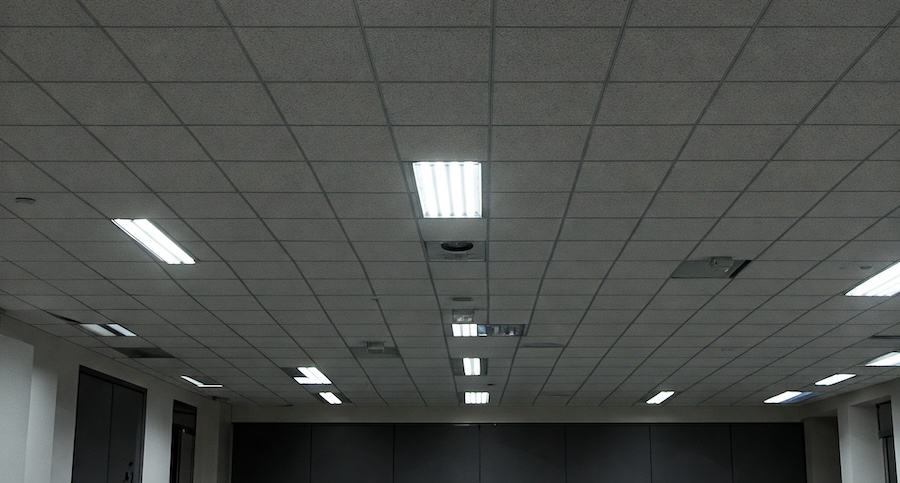 A drab office ceiling with fluorescent lights.