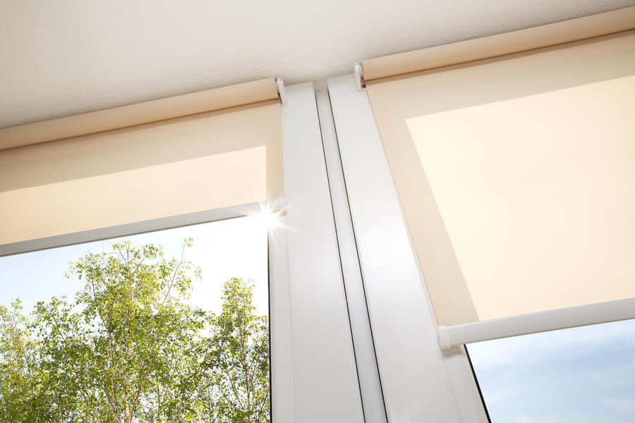 View of two windows with partially lowered roller shades.