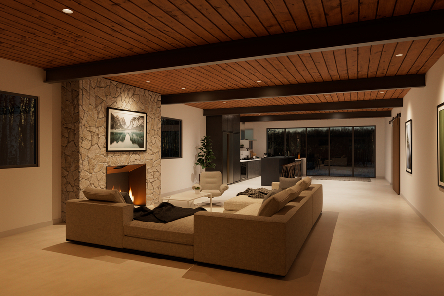 A modern home with a wooden ceiling and DMF high-performance recessed tunable lighting. 