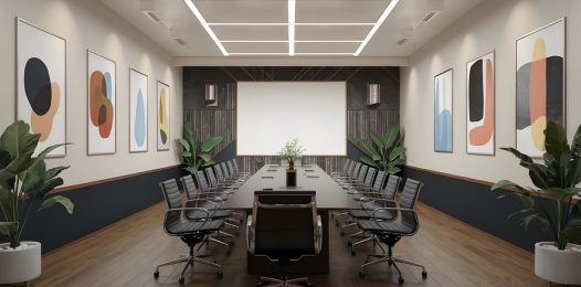 Modern conference room with a long boardroom table, sleek black chairs, decorative abstract wall art, wooden accents, large indoor plants, and integrated ceiling lighting.