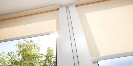 View of two windows with partially lowered roller shades.