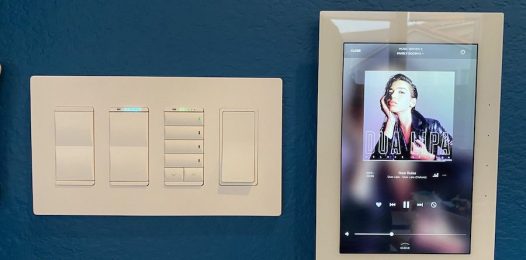 smart home automation panel with a whole-home audio selection screen.