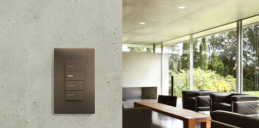 Savant Ascend lighting control keypad on the wall with a living room and wooded scene visible in the background.