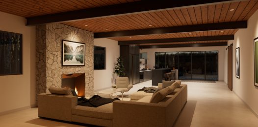 A modern home with a wooden ceiling and DMF high-performance recessed tunable lighting.