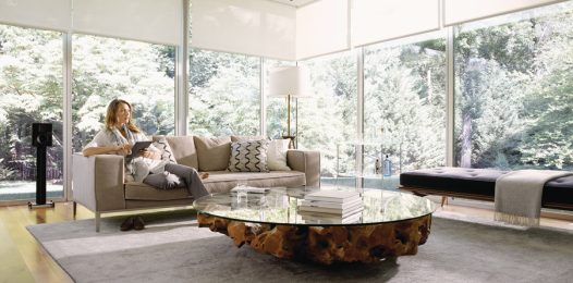 lady sitting on living room couch with one leg under her. Large windows are in the background.
